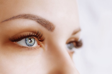 Eyelash Extension Procedure. Woman Eye with Long Eyelashes. Close up, selective focus.