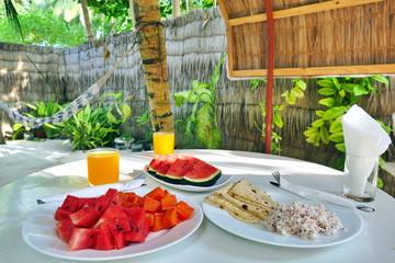 Healthy snack in tropical resort, holidays concept