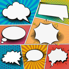 Wall Mural - Retro comic empty speech bubbles set on colorful background. Vector illustration, vintage design, pop art style