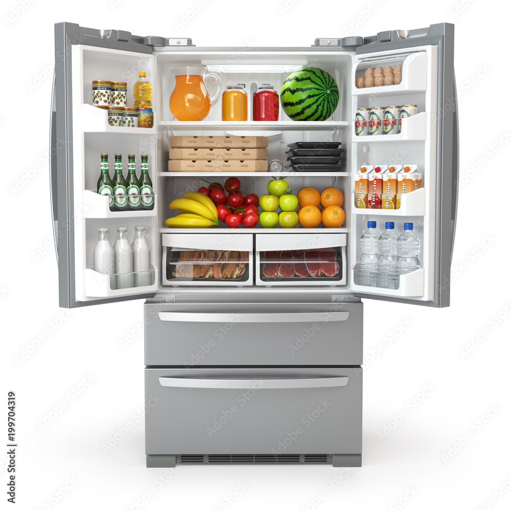 Open fridge refrigerator full of food and drinks isolated on white  background Stock Illustration | Adobe Stock, image size:1000x1000