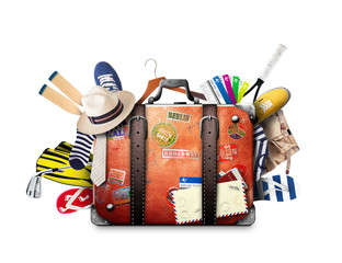 Wall Mural - retro suitcase of a traveler with travel stickers