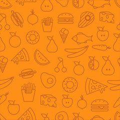 Poster - Different food silhouette icons seamless pattern. Food lineart background