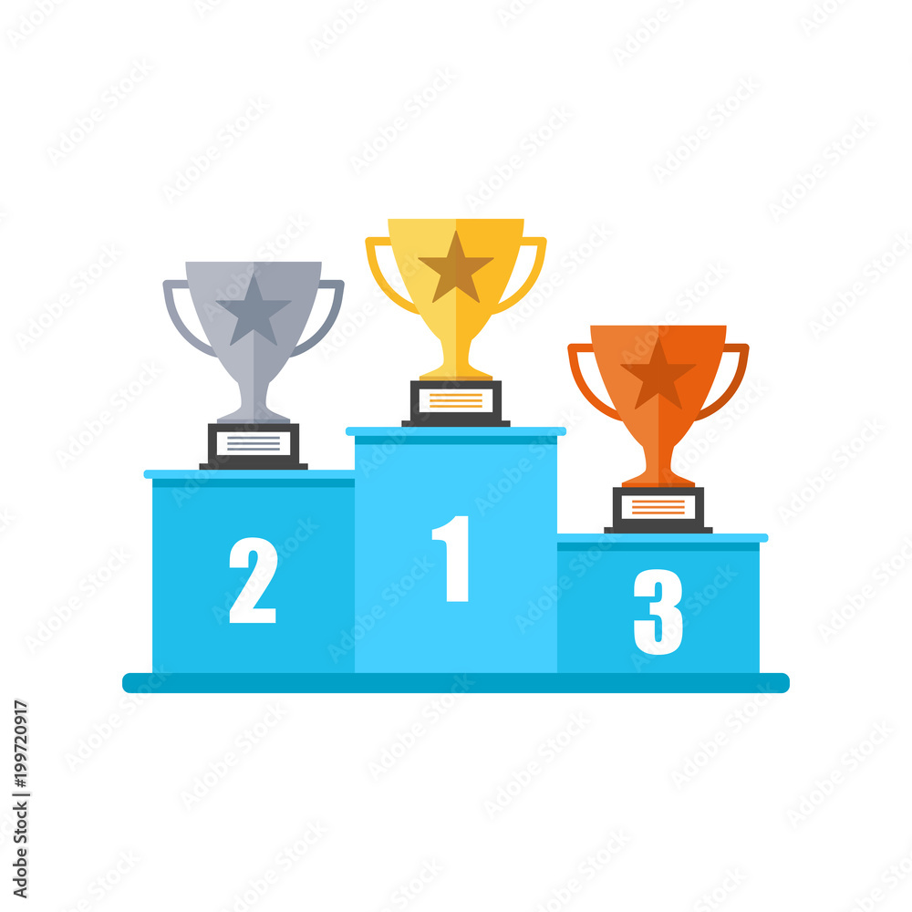Winners podium with trophy icon in flat style. Pedestal illustration on white isolated background. Gold, silver and bronze award sign concept. - obrazy, fototapety, plakaty 