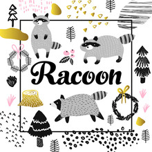 Cute Racoon Hand Drawn Design. Childish Animals Background For Poster, Greeting Card, Decoration, Cover. Vector Illustration