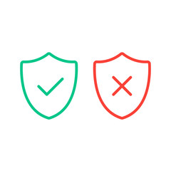 Poster - Thin line shields with check mark icons. Outline shields with green tick and red cross checkmarks flat line icons set. Vector illustration 
