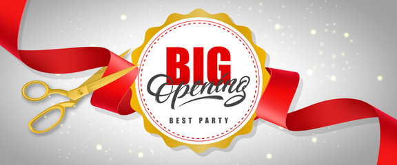 Wall Mural - Big opening, best party sparkling banner design with text on white circle and gold scissors cutting red ribbon. Template can be used for signs, announcements, posters.
