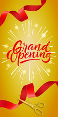 Wall Mural - Grand opening vertical banner design with gold scissors cutting red ribbons on yellow background. Lettering can be used for invitations, signs, posters.