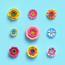 3d Render, Craft Paper Flowers, Floral Clip Art Set, Botanical Design Elements, Bright Candy Color, Isolated On Sky Blue Background, Decorative Embellishment