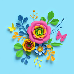 3d render, craft paper flowers, round floral bouquet, botanical arrangement, bright candy colors, nature clip art isolated on sky blue background, decorative embellishment