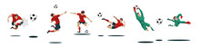 Soccer Players Kicking Ball And Goalkeepers. Set Collection Of Different Poses.