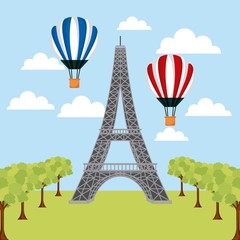 Poster - landmarks of the world hot air balloons trees tower eiffel paris vector illustration