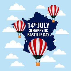 Poster - landmarks of the world hot air balloon map of france clouds bastille day vector illustration