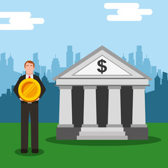 businessman holding coin with building bank and urban building background vector illustration