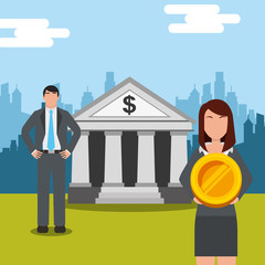 business people woman holding coin and man near bank vector illustration