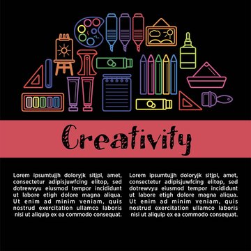 Kids creativity poster of art and drawing tools for children creative design education.