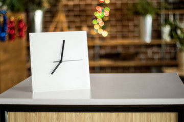 Poster - White clock on modern shelf. Mirror frame or interior room decoration.