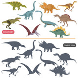 Fototapeta Dinusie - Different dinosaurs color flat and simple icons set