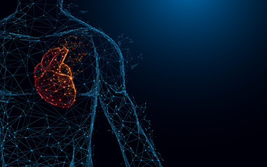 Fototapete - Human heart anatomy form lines and triangles, point connecting network on blue background. Illustration vector