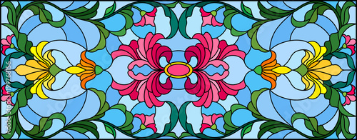 Dekoracja na wymiar  ilustracja-w-stylu-witrazu-z-abstrakcyjnymi-wirami-kwiatami-i-liscmi-na-niebieskim-ba