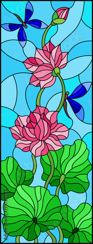 Dekoracja na wymiar  ilustracja-w-stylu-witrazu-z-liscmi-i-kwiatami-lotosu-fioletowymi-kwiatami-i-wazkami