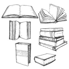 Hand drawn book sketch set, open and stack hatching drafts, isolated on white background, vintage vector illustration.