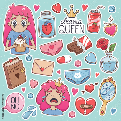 Drama Queen Set Of Vector Icons Stickers Girl Crying Broken Heart Cute Cartoon Style Stock Vector Adobe Stock