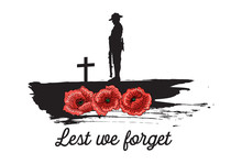 Anzac Day Banner, Silhouette Of Soldier Paying Tribute, Vector