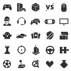 Wall Mural - Video games, monochrome icon set. Game genres and attributes, isolated vector, simple symbols collection