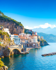 Morning view of Amalfi cityscape on coast line of mediterranean sea, Italy