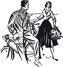 Young Couple With Bicycles, Retro Vector Illustration