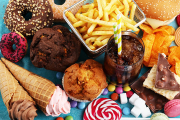 Unhealthy products. food bad for figure, skin, heart and teeth.