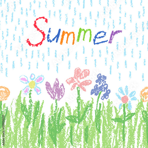 Soft Pastel Color Flowers With Green Grass Rain And Text