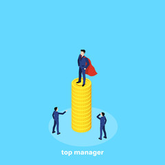 Wall Mural - a man in a business suit and a cloak of a super hero stands on a high pile of coins, an isometric image