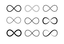Infinity Symbol Logos Set. Black Contours. Symbol Of Repetition And Unlimited Cyclicity. Vector Illustration Isolated On White Background.