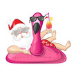 Santa Claus on summer vacation with flamingo inflatable swim ring - sunglasses