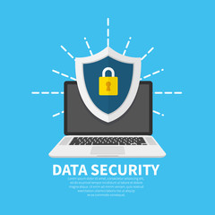 Wall Mural - Data security flat illustration concept. Laptop with shield and lock. Flat cartoon design, vector illustration on background.