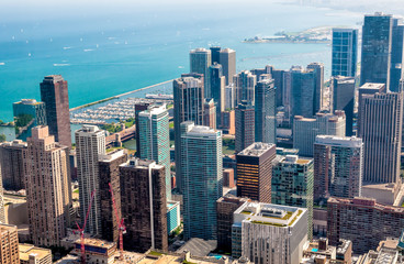 Chicago Skyline top view with skyscrapers at Michigan lakefront from the John Hancock Center, Illinois, USA