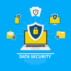 Wall Mural - Data Security concept. Creative flat icons set, icons set graphic elements for web banners, web sites, infographics. Laptop with shield and lock. Flat cartoon design, vector illustration on background