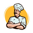 Cook, chef logo or label. Restaurant concept. Cartoon vector illustration