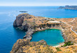 View of azure heart-shaped bay from the Acropolis of Lindos, Rhodes, Dodecanese, Greek Islands, Greece, Europe