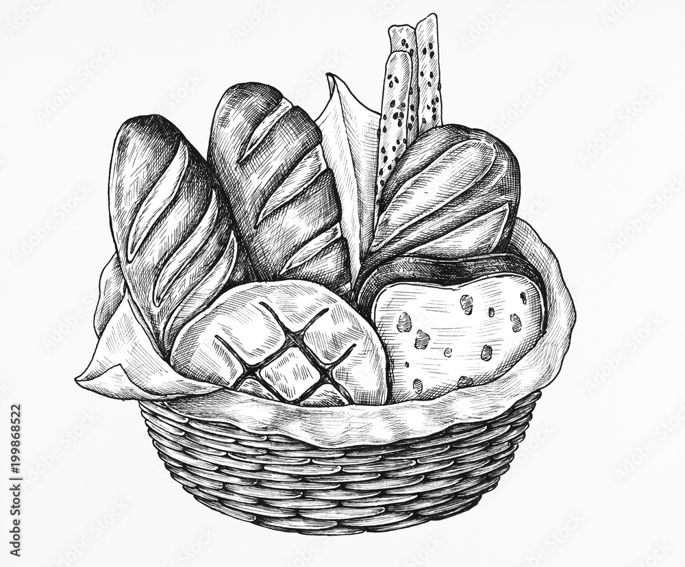 Hand-drawn bread basket Stock Illustration | Adobe Stock, image size:1000x828