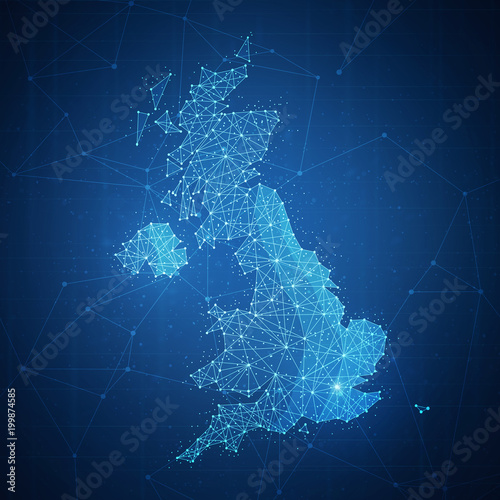 Cuadros en Lienzo Polygon United kingdom map with blockchain technology peer to peer network on futuristic hud background