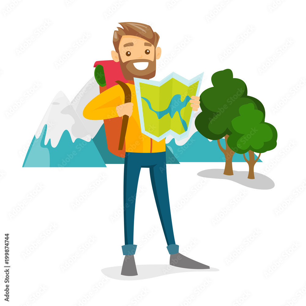 Young smiling caucasian white traveler with backpack looking at map. Happy backpacker searching right direction on a map. Vector cartoon illustration isolated on white background. Square layout. - obrazy, fototapety, plakaty 