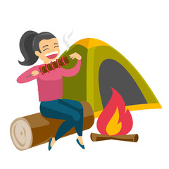 Poster - Caucasian white woman enjoying camping picnic and roasting shashlik over the campfire in nature on the background of tent