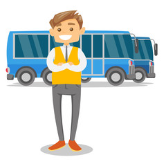 Canvas Print - Young caucasian white bus driver in uniform standing on the background of buses. Bus driver posing against a blue tourist bus. Vector cartoon illustration isolated on white background. Square layout.