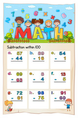 Canvas Print - Math worksheet for subtraction within hundred