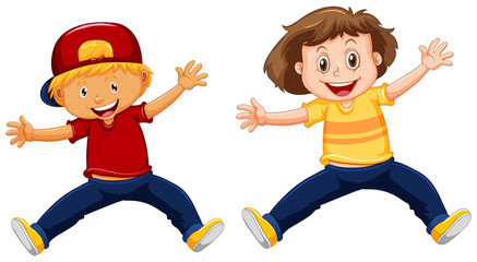 Boy and girl jumping up