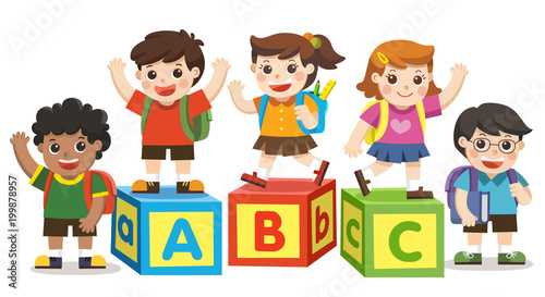 Back to School. Happy school kids with alphabet blocks.