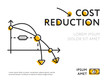 Infographic chart with lowering arrows showing cost reduction in poster on white. 