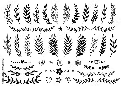 Fotomural set of hand drawn branches and flowers